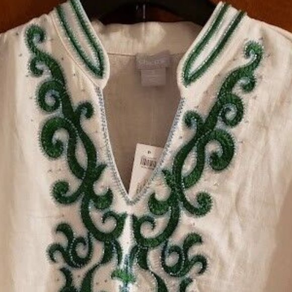 Chico’s Womens embellished tunic green Linen Blend Beaded Blouse Top - Picture 1 of 5